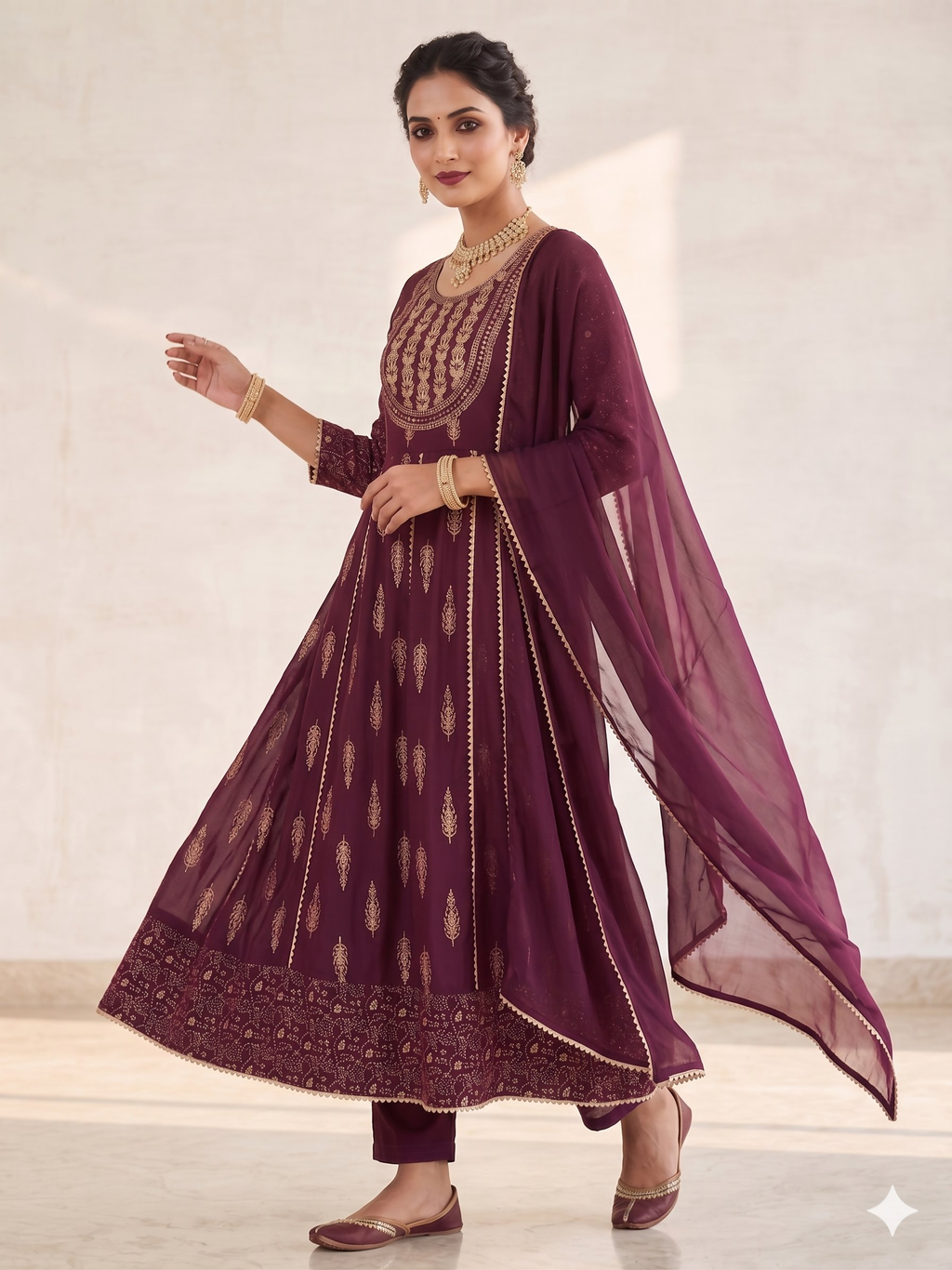 Teeya Creation Women's Premium Wine Color Fully Stitched Anarkali Kurta With Pant And Dupatta Set | Grocsy