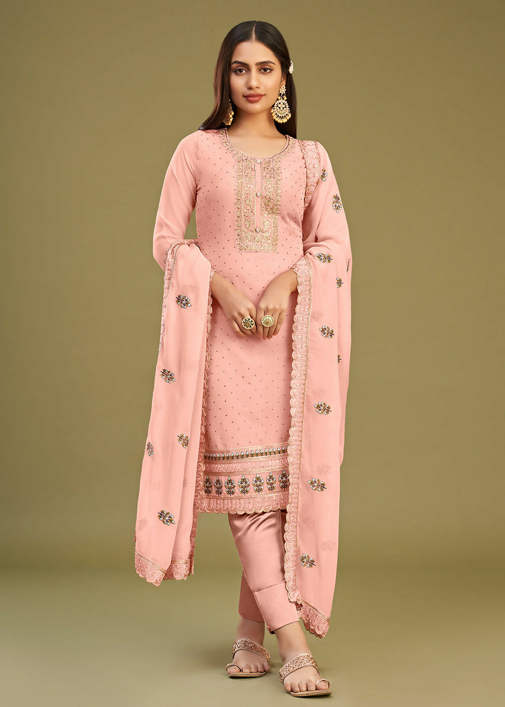 Blush Peach Swarovski Work & Embroidered Eid Wear Salwar Suit - Emponline | Grocsy