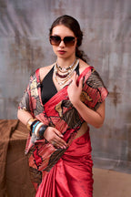 Vastranavya Red Satin Silk Printed Saree with a Natural Silk Unstitched Blouse | Grocsy