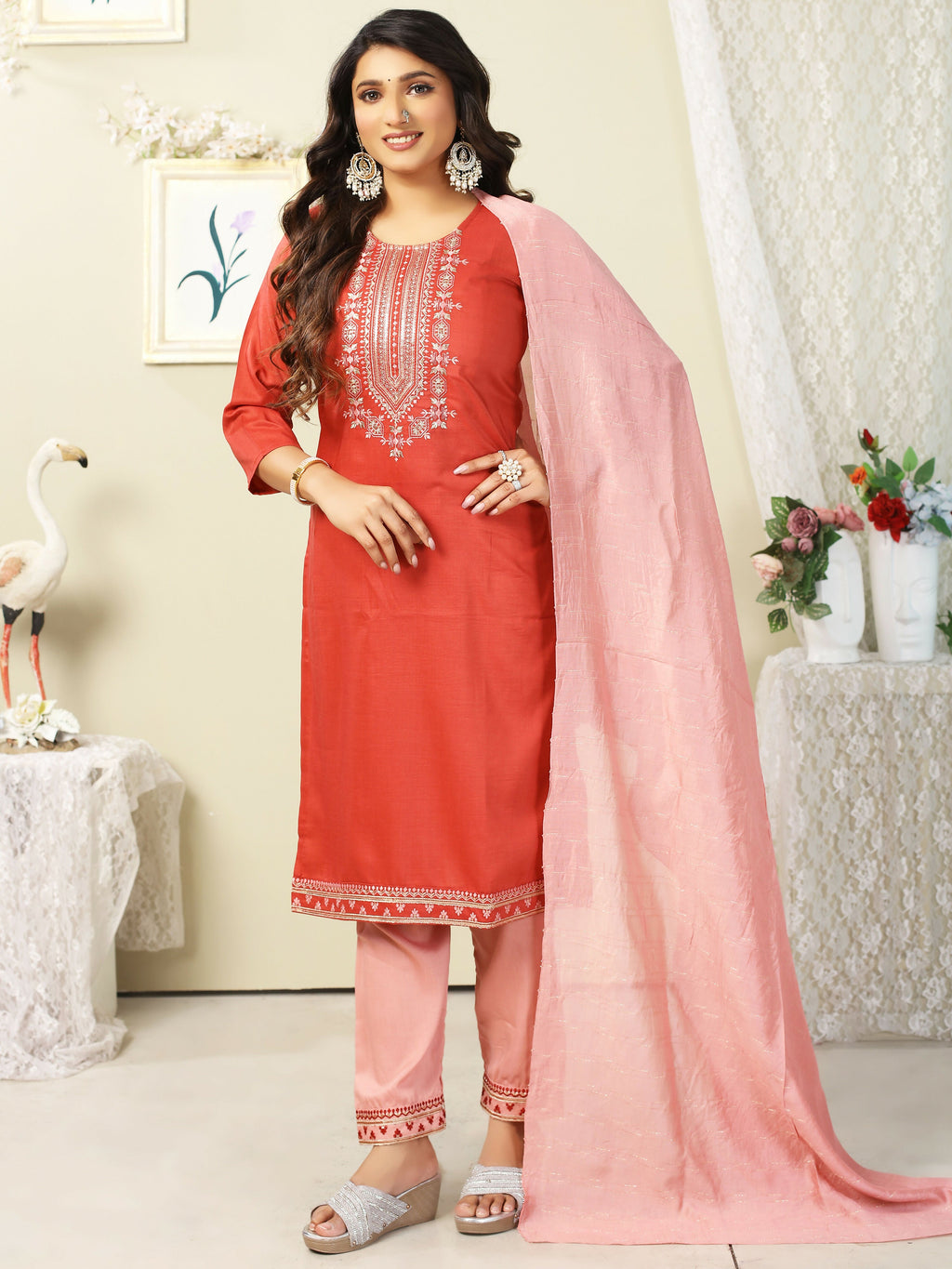 Vamika Chinon Embroidery Orange Party Wear/Casual Wear/Office Wear Kurta Set/Suit | Grocsy