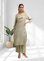 Joban Fashion Pista Green Linen Embroidered Readymade Cord Set | Grocsy