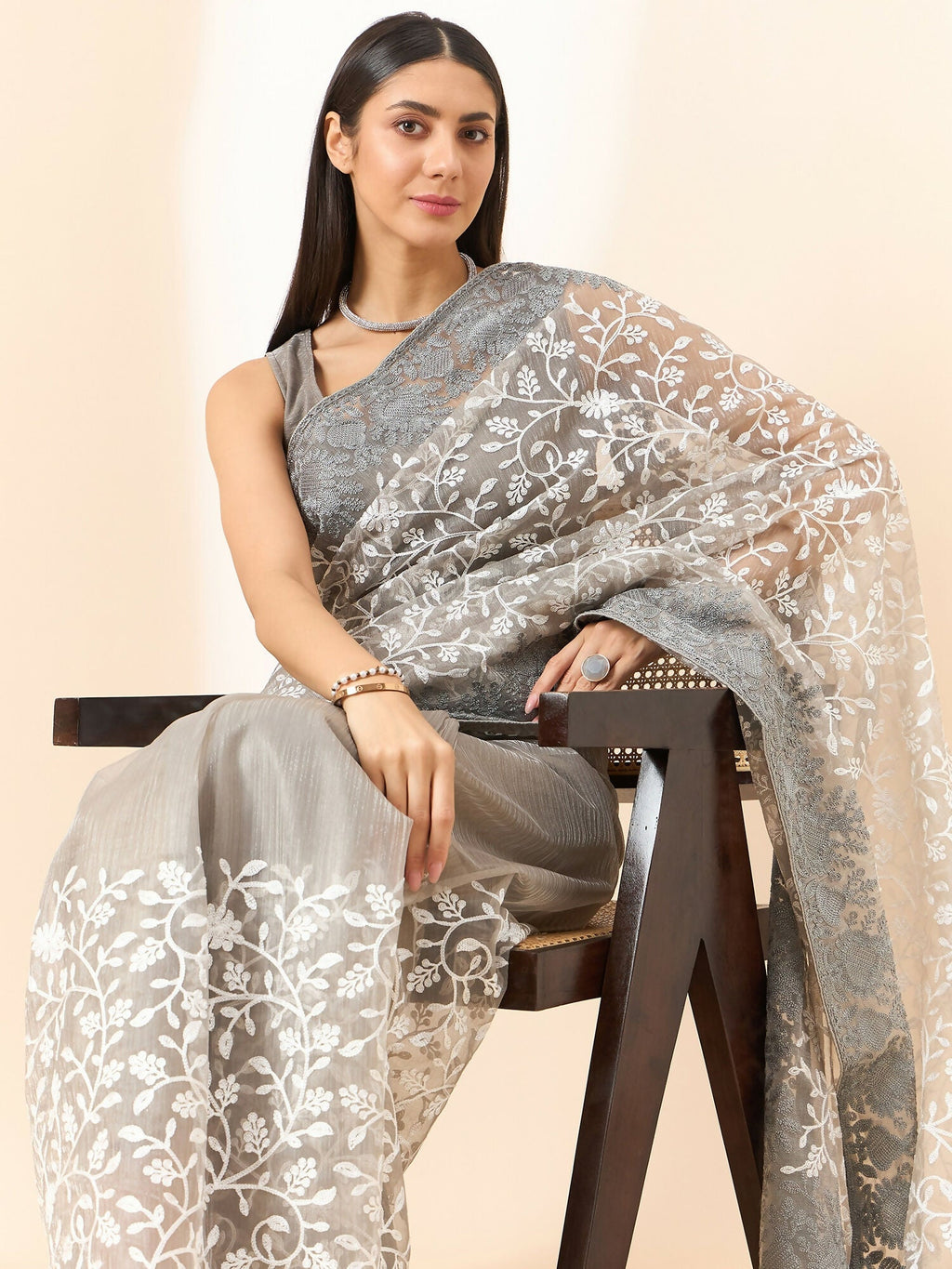 Grey Organza Floral Embroidered Saree with Unstitched Blouse Piece - Roozal | Grocsy