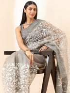 Grey Organza Floral Embroidered Saree with Unstitched Blouse Piece - Roozal | Grocsy