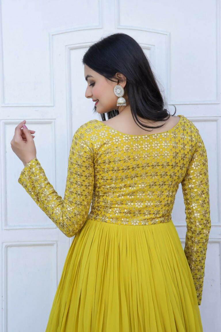 Jyoti Fashion Women's Yellow Sequence Zari Embroidered Faux Blooming Anarkali Dress | Grocsy