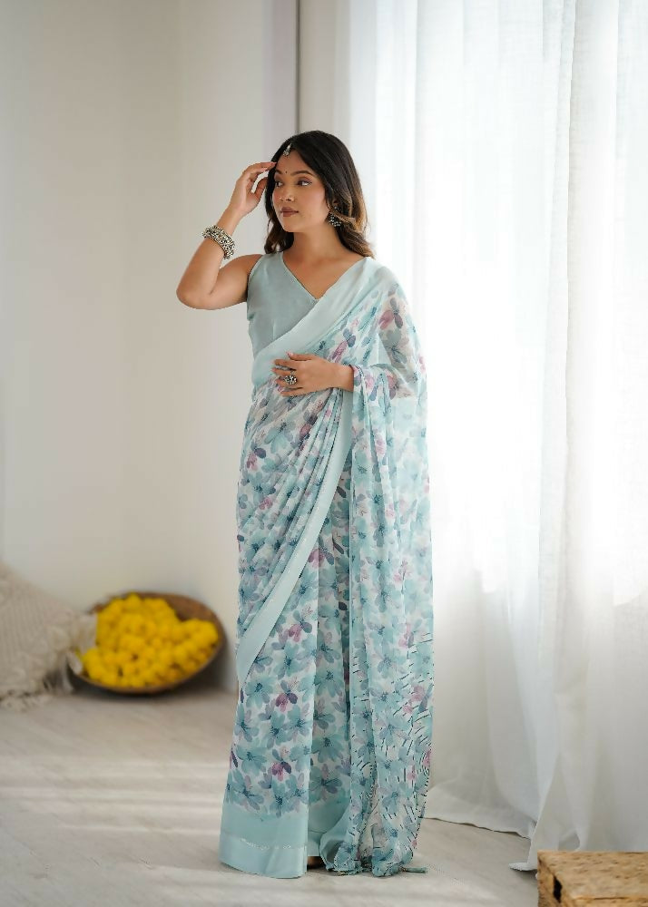 PR Fashion Sky_Blue Bright Moss Satin Patta Printed Saree | Grocsy