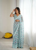 PR Fashion Sky_Blue Bright Moss Satin Patta Printed Saree | Grocsy