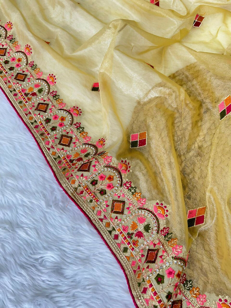 Vastranavya Twill Net Designer Embroidery & Colour Thread & Diamond work Saree with Blouse Material - Yellow | Grocsy