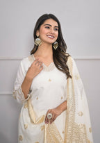 White Viscose Silk Embroidery with Thread and sequence Stitched Suit With Dupatta - Tanisha | Grocsy