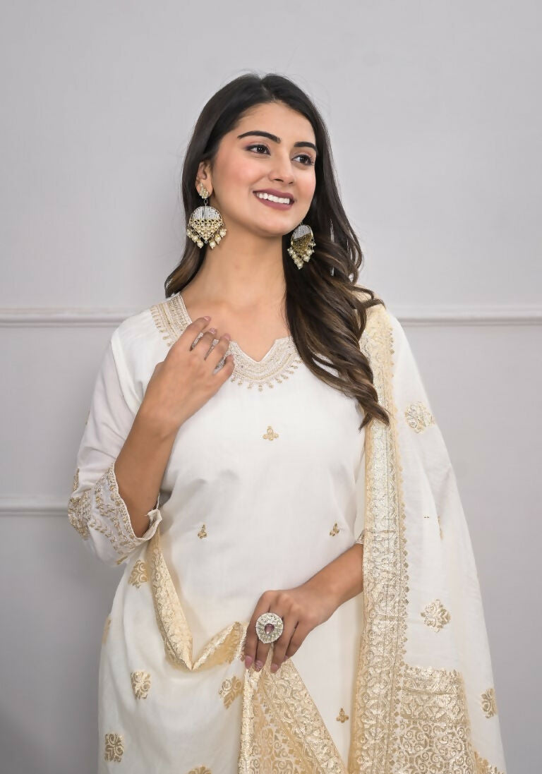 White Viscose Silk Embroidery with Thread and sequence Stitched Suit With Dupatta - Tanisha | Grocsy
