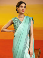 Sea Green Ombre Satin Georgette Plain Ready to wear Saree with stitched Blouse - Vrinda | Grocsy