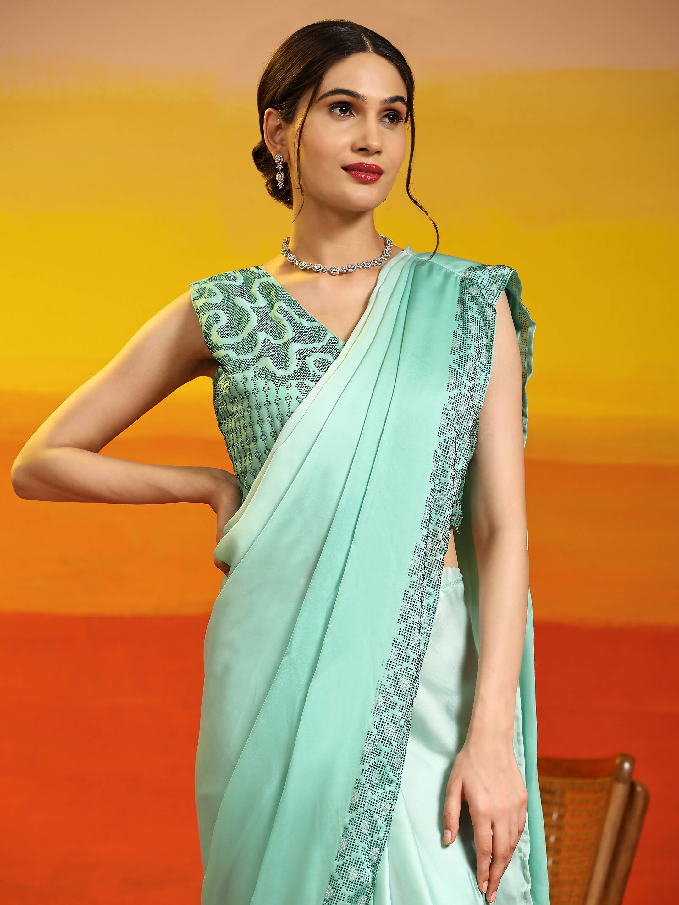 Sea Green Ombre Satin Georgette Plain Ready to wear Saree with stitched Blouse - Vrinda | Grocsy