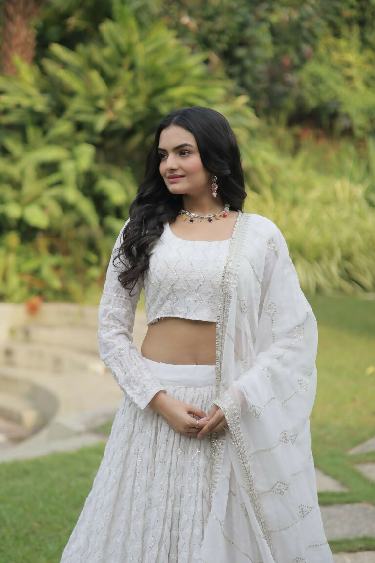Vastranavya Faux Georgette With Sequins & Thread Embroidered Work Lehenga Choli - White | Grocsy