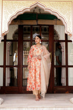 Vaasva Women Cream Organza Floral Print & Embroidered Anarkali Kurta, Pant & Dupatta set | Grocsy