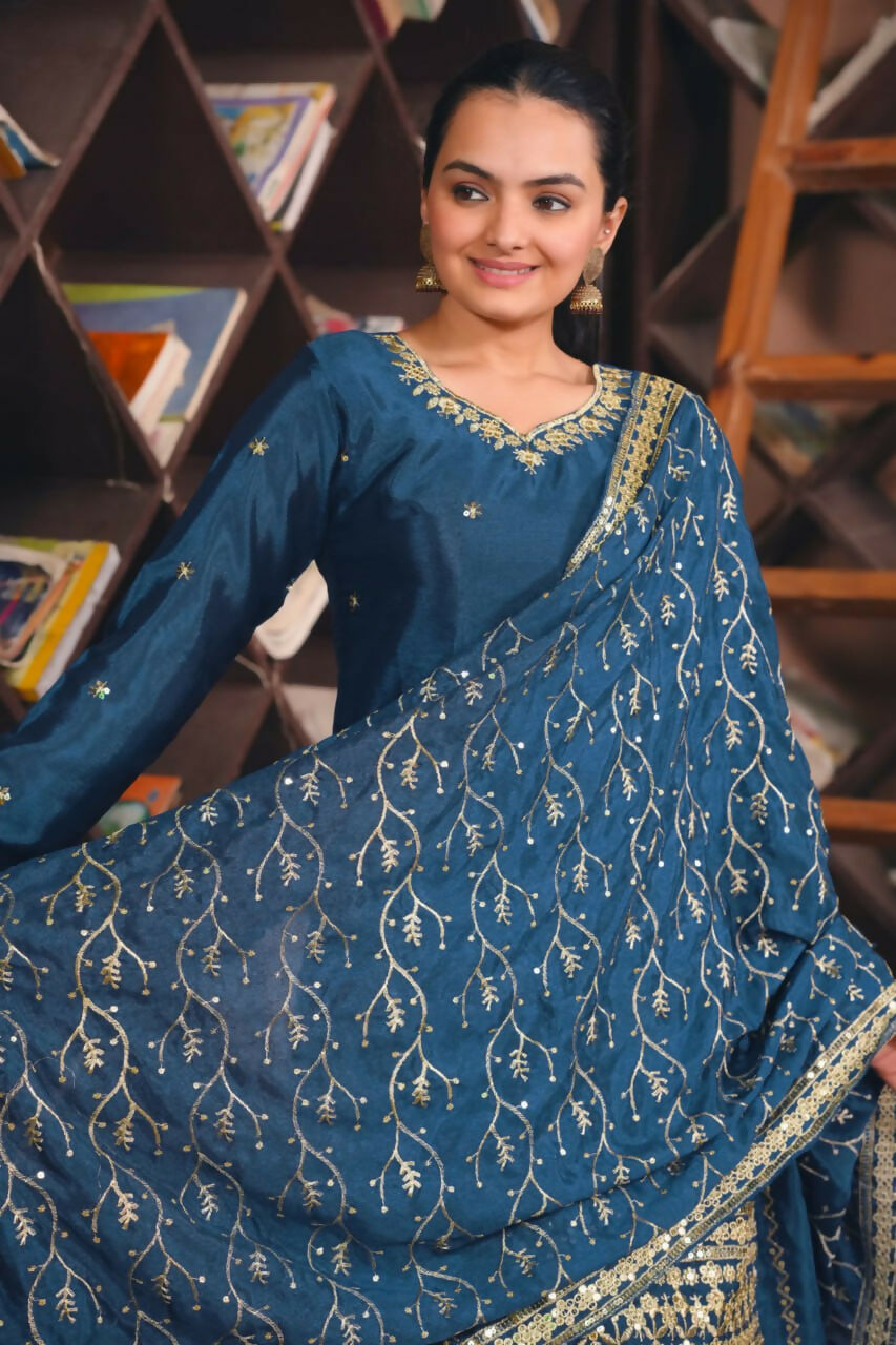 Joban Fashion Blue Silk Embroidered Sharara Set | Grocsy