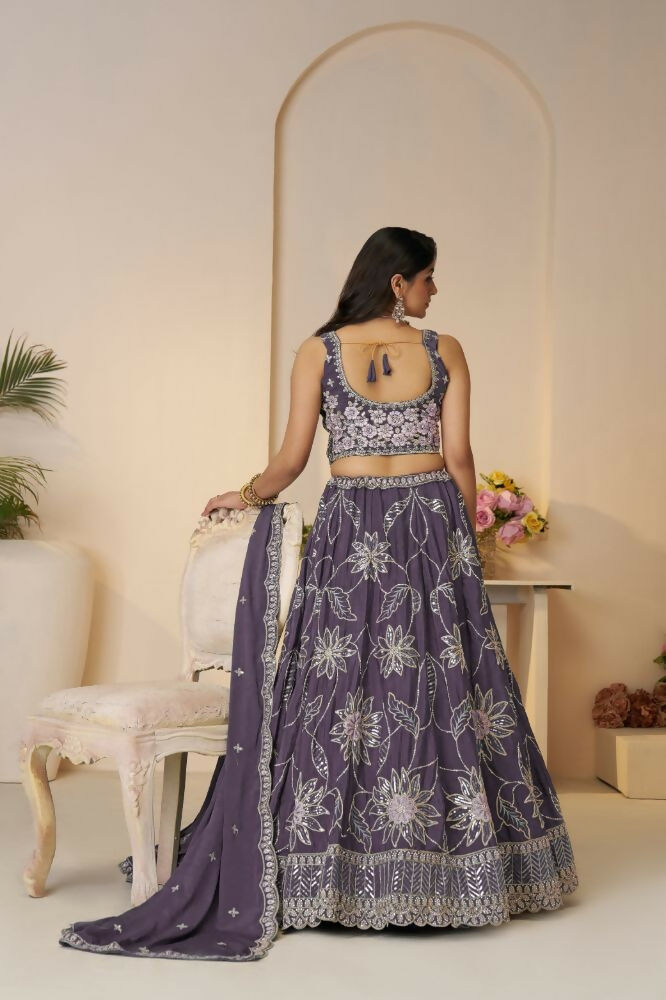 Kesar Fab Purple Silk Embroidered Lehenga | Grocsy