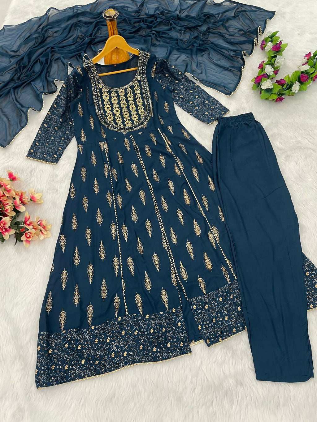 Teeya Creation Women's Teal Blue Fully Stitched Anarkali Suit With Pant And Dupatta | Grocsy