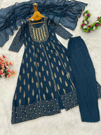 Teeya Creation Women's Teal Blue Fully Stitched Anarkali Suit With Pant And Dupatta | Grocsy