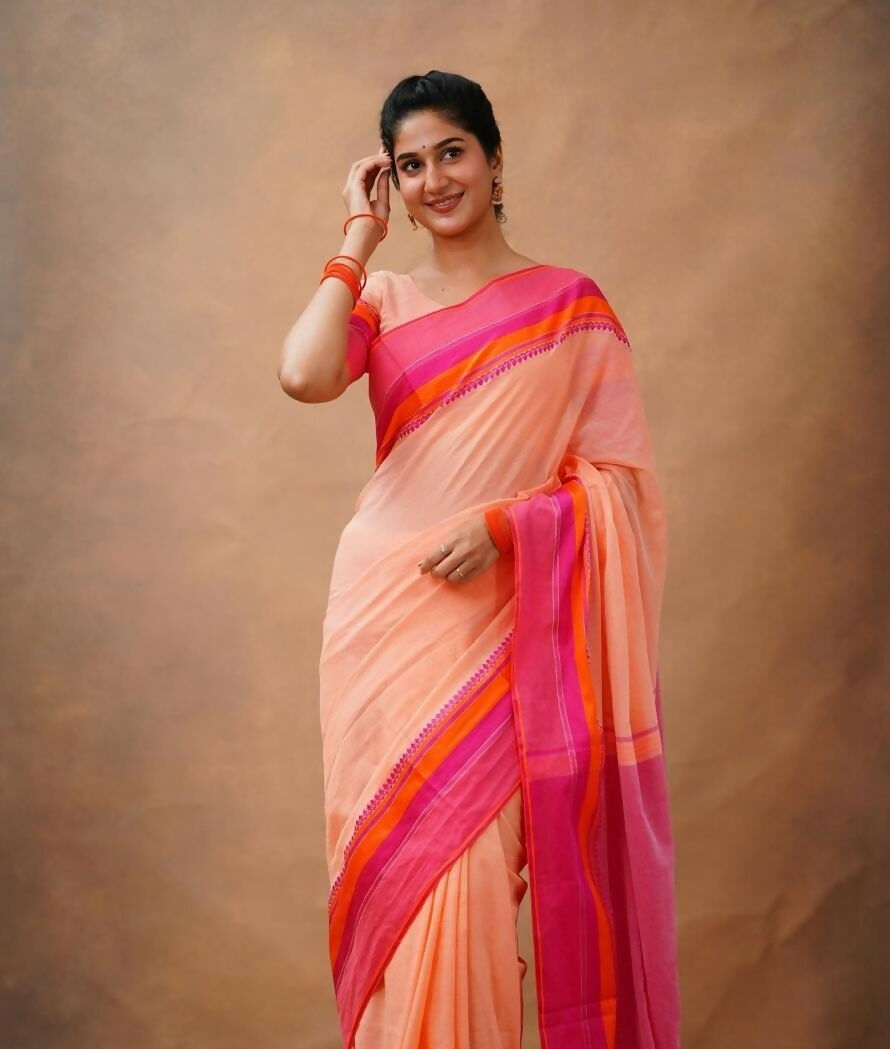 Exclusive Collection Light Orange Beautiful Khadi Cotton Handloom Saree | Grocsy