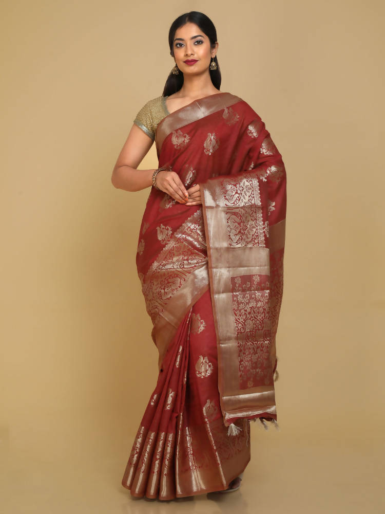 Kalamandir Peacock Print Red Silk Blend Saree | Grocsy