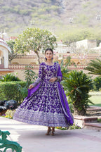 Joban Fashion Purple Viscose Jacquard Sequence Embroidery Work Kurta Set | Grocsy