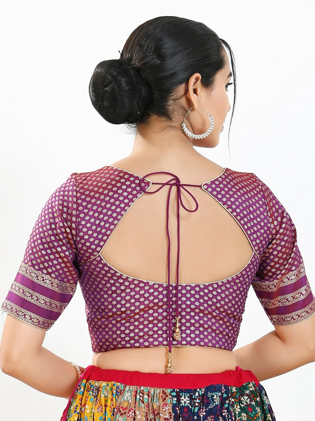Joban Fashion Purple Brocade Padded Blouse With Round Neck Elbow Sleeves | Grocsy