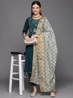 Ahalyaa Womens Dark Green Crepe Smoke Printed Kurta Pant Set With Dupatta | Grocsy
