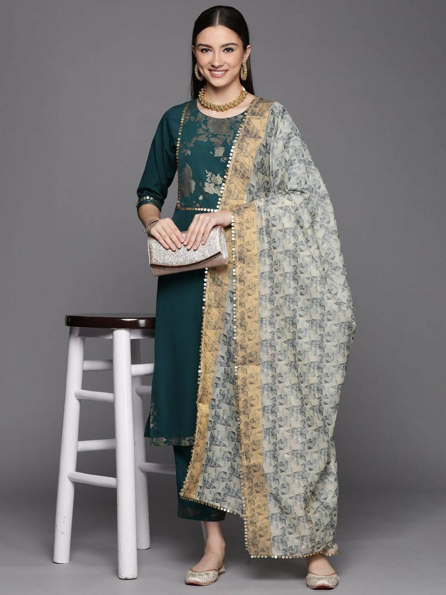 Ahalyaa Womens Dark Green Crepe Smoke Printed Kurta Pant Set With Dupatta | Grocsy