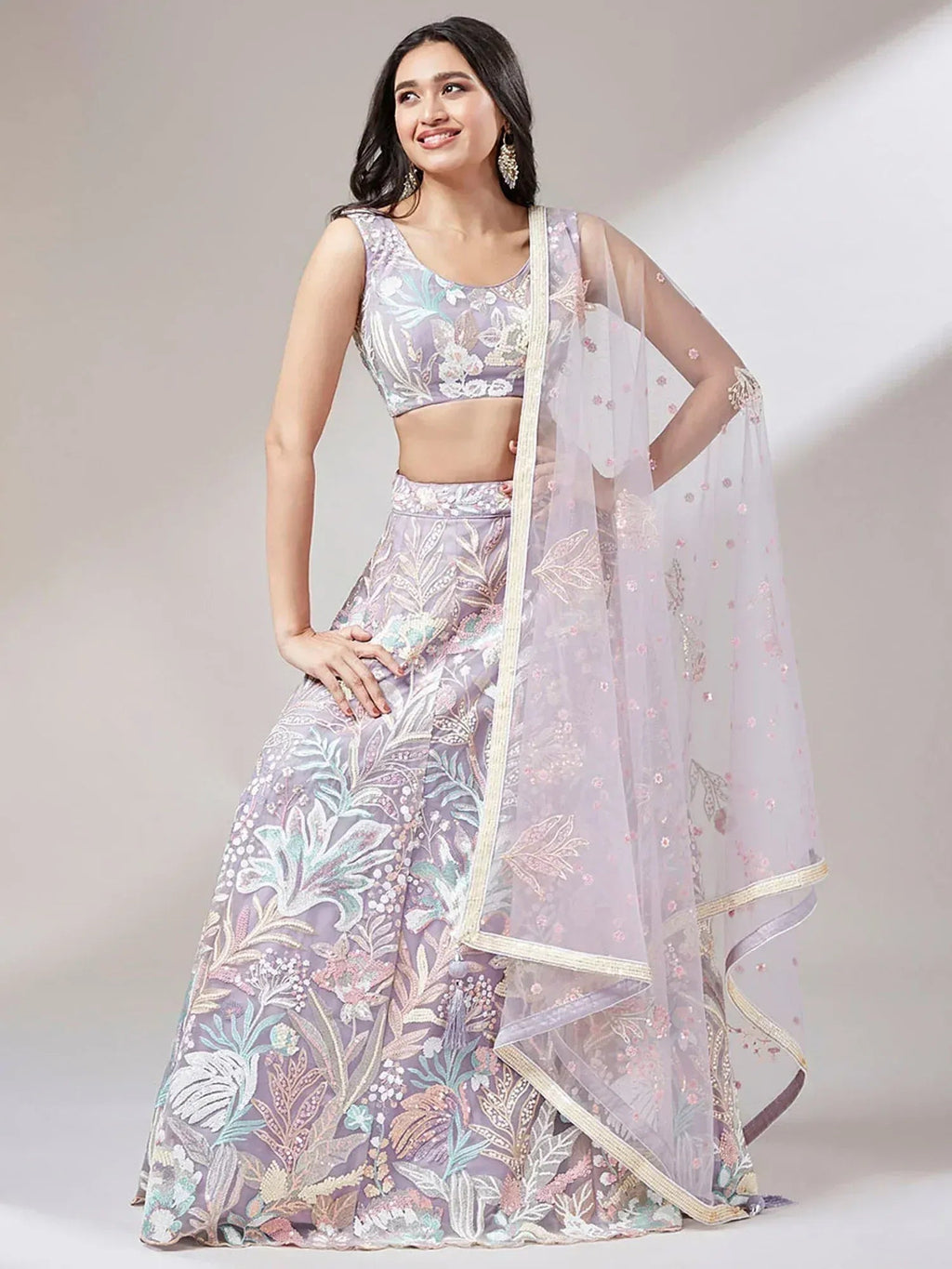 Tulsi Art Captivating Lavender Sequins Soft Net Reception Wear Lehenga Choli | Grocsy