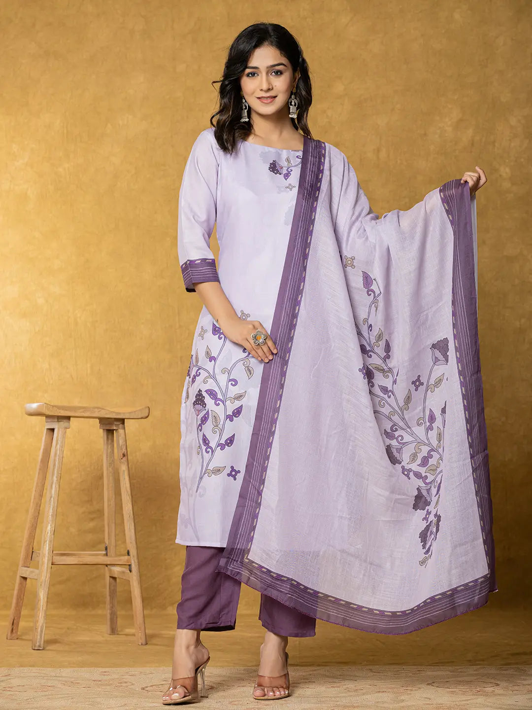 Yufta Lavender And White Linen Kurta Dupatta Pant Set | Grocsy