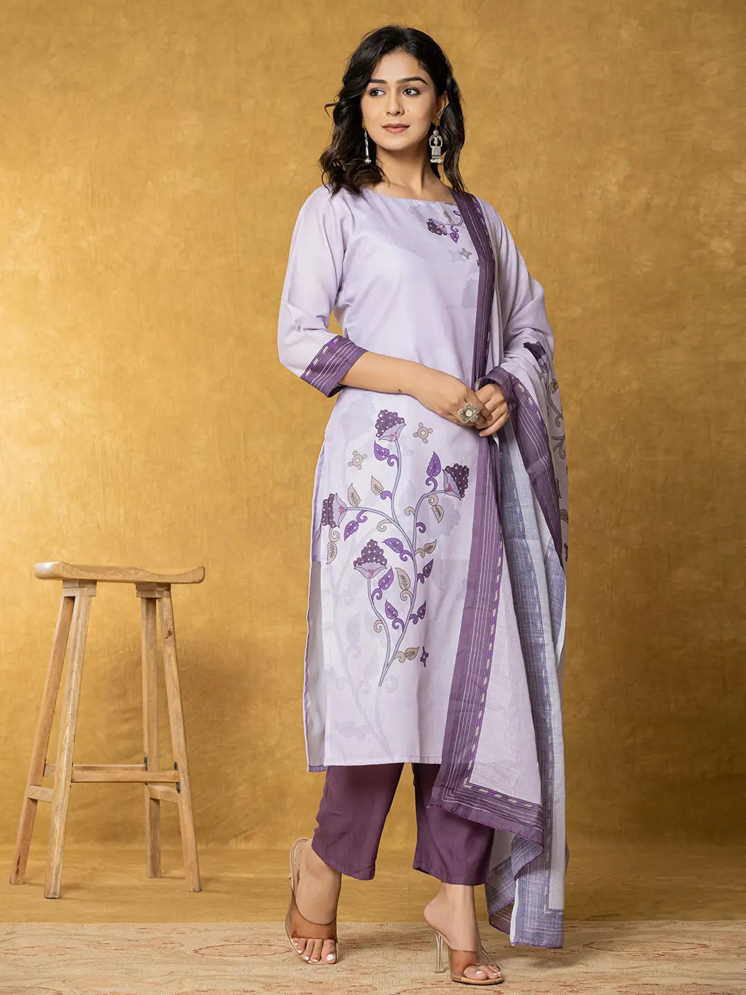 Yufta Lavender And White Linen Kurta Dupatta Pant Set | Grocsy
