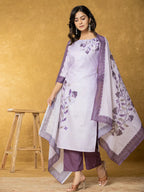 Yufta Lavender And White Linen Kurta Dupatta Pant Set | Grocsy