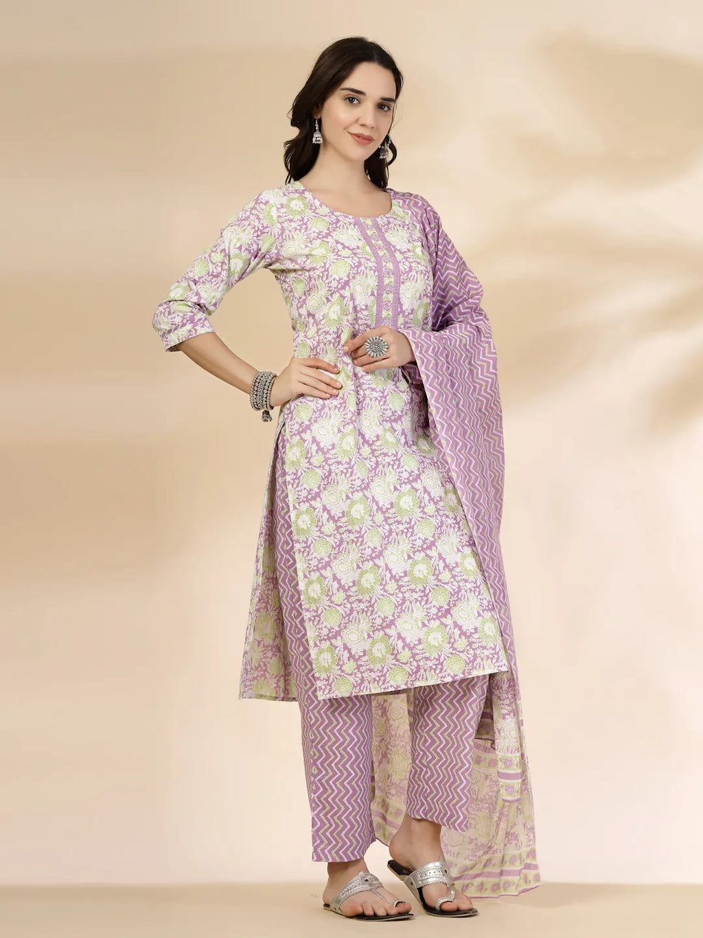 Yufta Lavender Floral Print Straight Kurta Trouser Dupatta Set | Grocsy