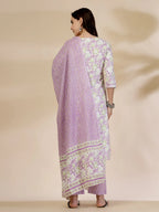 Yufta Lavender Floral Print Straight Kurta Trouser Dupatta Set | Grocsy