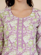 Yufta Lavender Floral Print Straight Kurta Trouser Dupatta Set | Grocsy