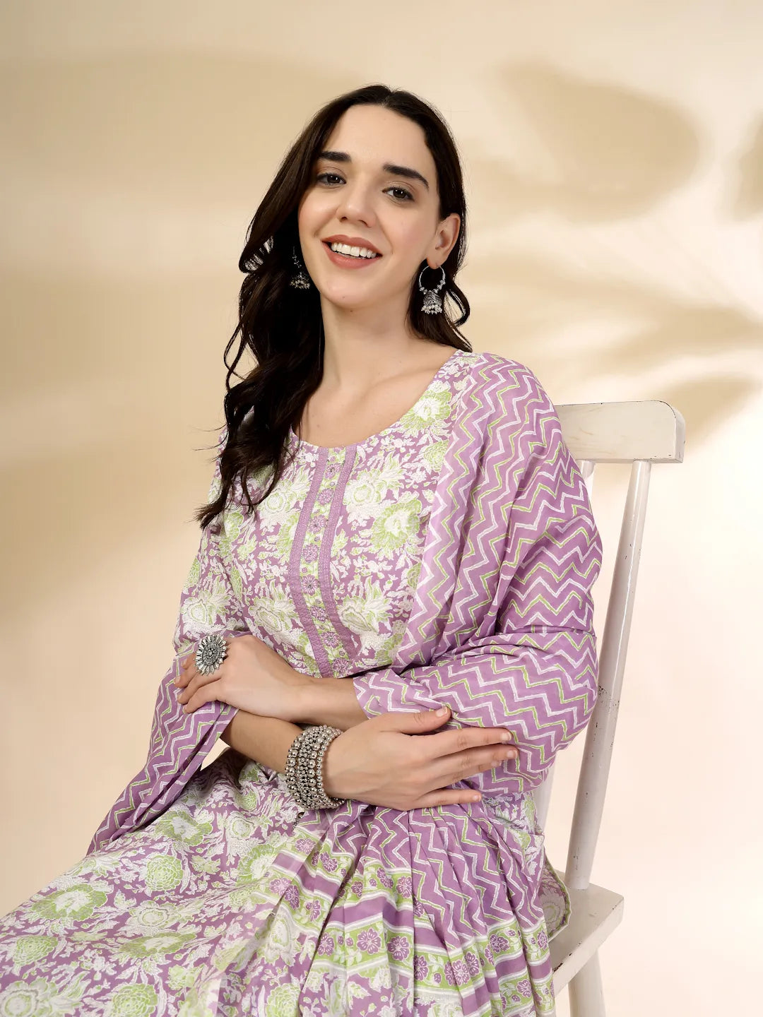Yufta Lavender Floral Print Straight Kurta Trouser Dupatta Set | Grocsy