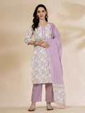 Yufta Lavender Floral Print Straight Kurta Trouser Dupatta Set | Grocsy