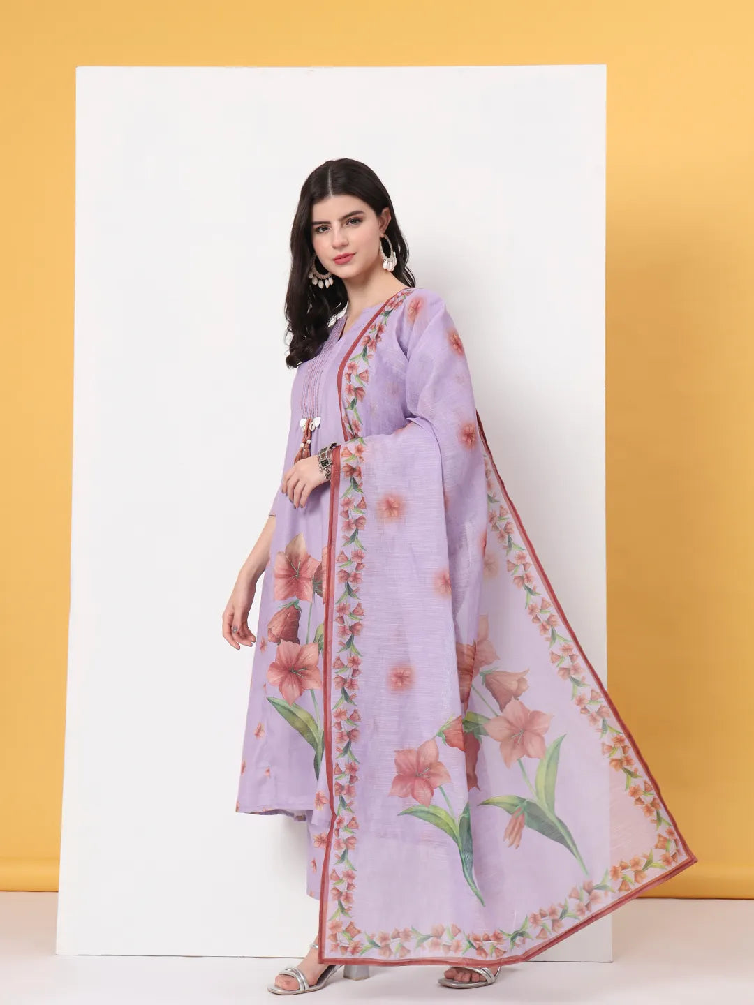Yufta Lavender Linen Cotton A Line Kurta Dupatta Pant Set | Grocsy