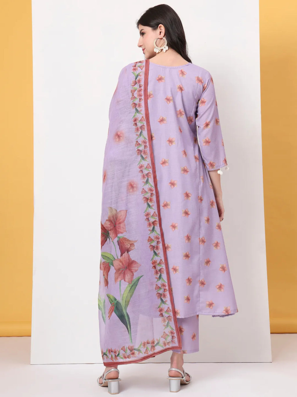 Yufta Lavender Linen Cotton A Line Kurta Dupatta Pant Set | Grocsy