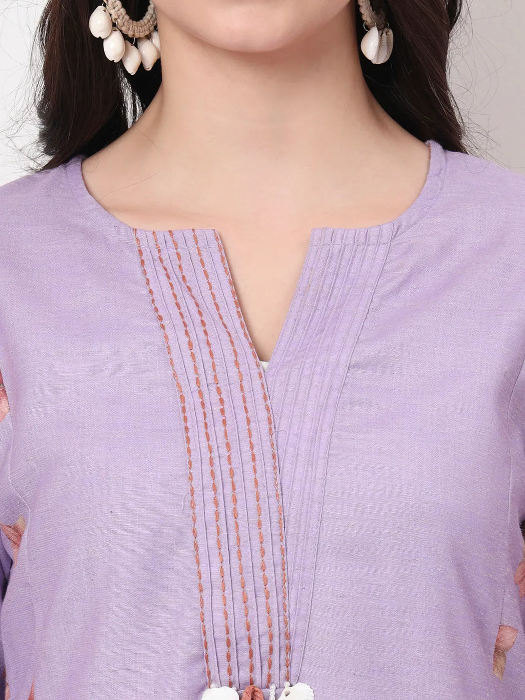Yufta Lavender Linen Cotton A Line Kurta Dupatta Pant Set | Grocsy