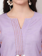 Yufta Lavender Linen Cotton A Line Kurta Dupatta Pant Set | Grocsy