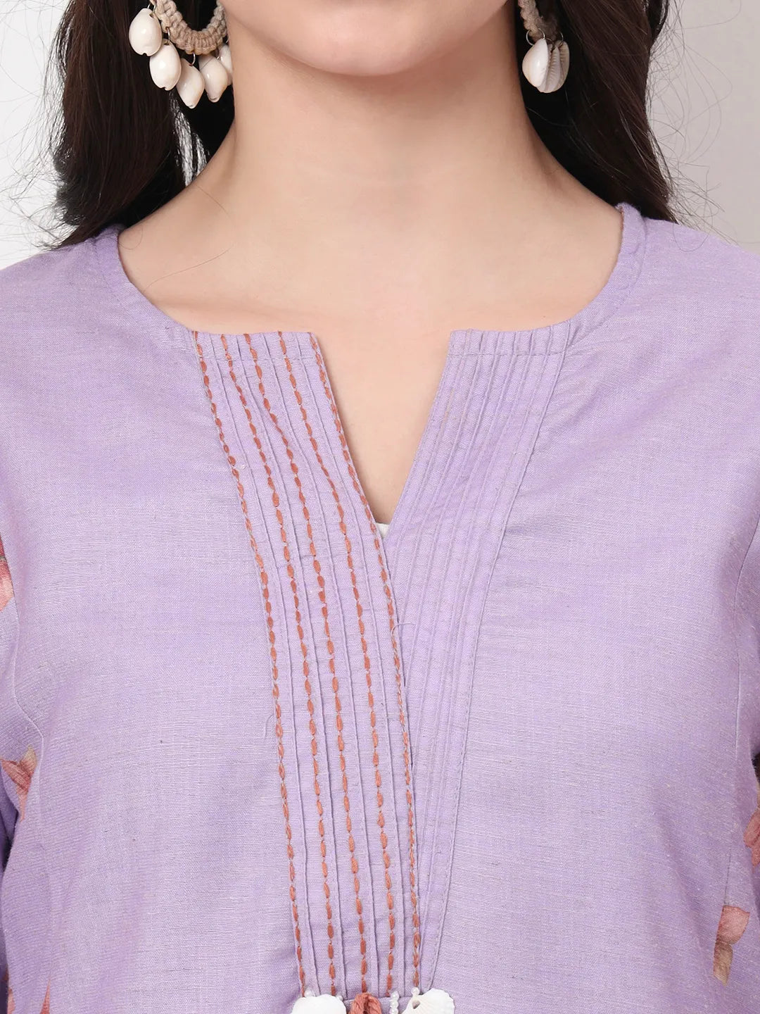 Yufta Lavender Linen Cotton A Line Kurta Dupatta Pant Set | Grocsy