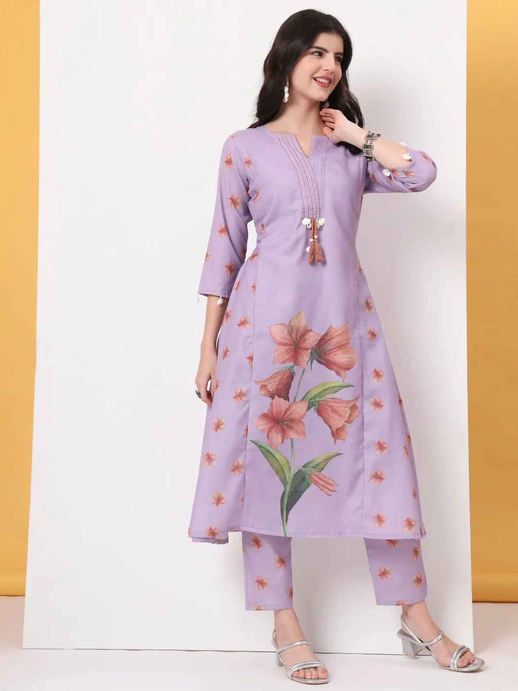 Yufta Lavender Linen Cotton A Line Kurta Dupatta Pant Set | Grocsy