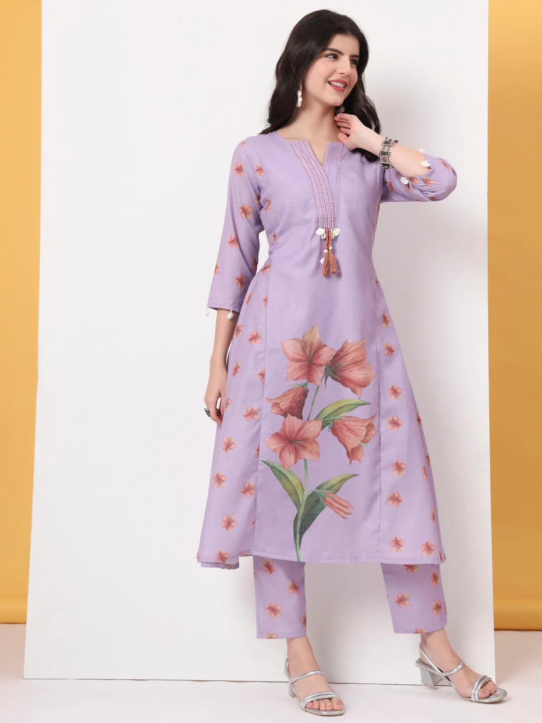 Yufta Lavender Linen Cotton A Line Kurta Dupatta Pant Set | Grocsy