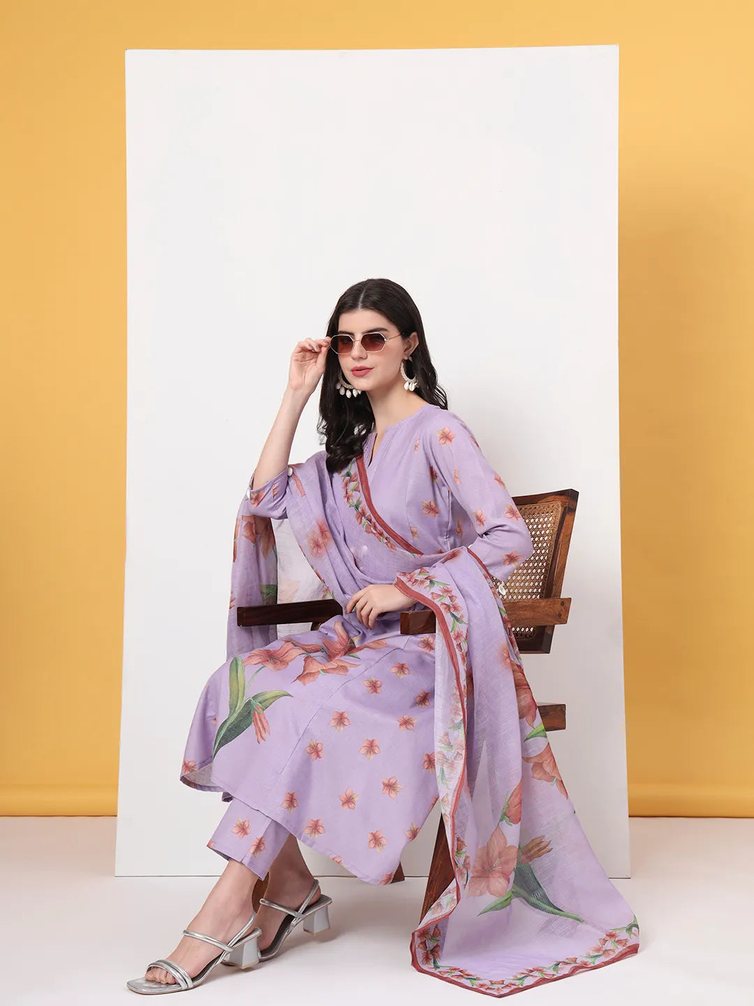 Yufta Lavender Linen Cotton A Line Kurta Dupatta Pant Set | Grocsy