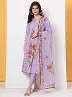 Yufta Lavender Linen Cotton A Line Kurta Dupatta Pant Set | Grocsy