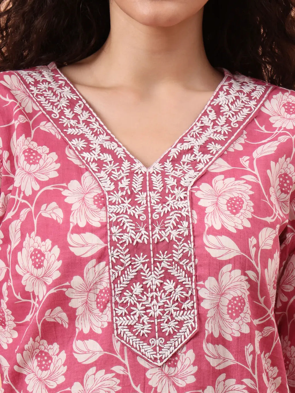 Yufta Lavender Pure Cotton Straight Floral,Kantha Work Kurta Pant Set | Grocsy