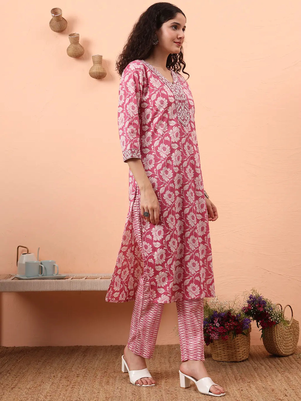 Yufta Lavender Pure Cotton Straight Floral,Kantha Work Kurta Pant Set | Grocsy