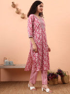 Yufta Lavender Pure Cotton Straight Floral,Kantha Work Kurta Pant Set | Grocsy