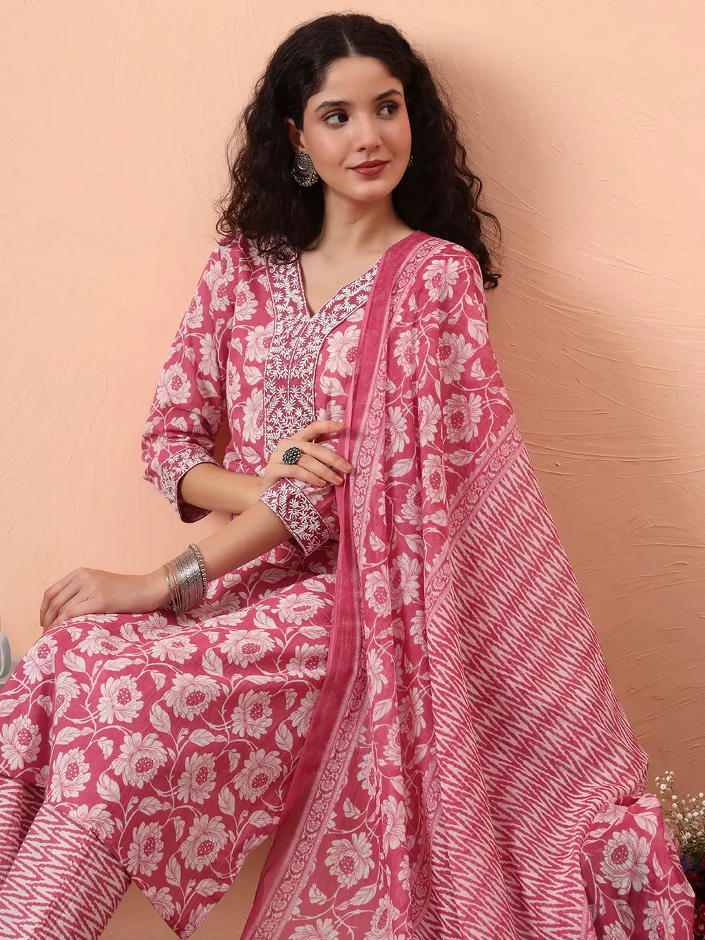 Yufta Lavender Pure Cotton Straight Floral,Kantha Work Kurta Pant Set | Grocsy
