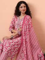 Yufta Lavender Pure Cotton Straight Floral,Kantha Work Kurta Pant Set | Grocsy